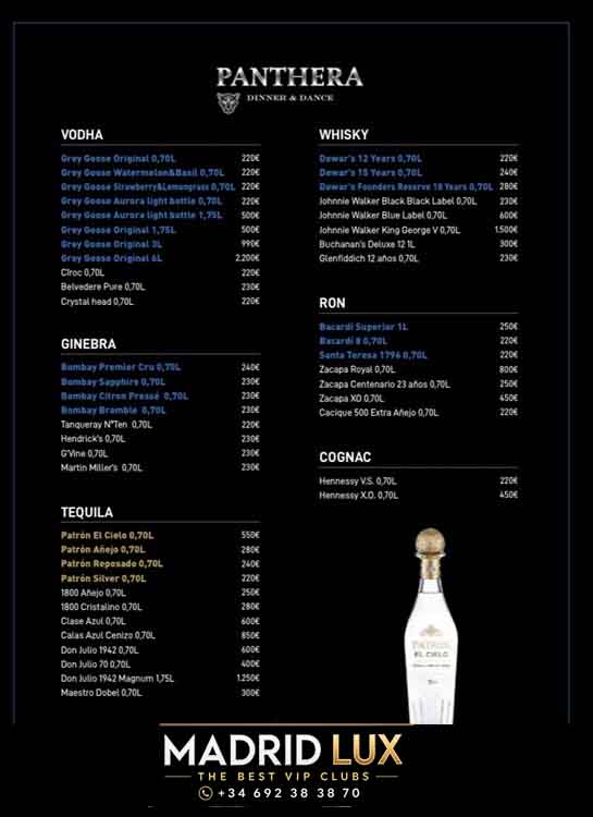 panthera madrid menu